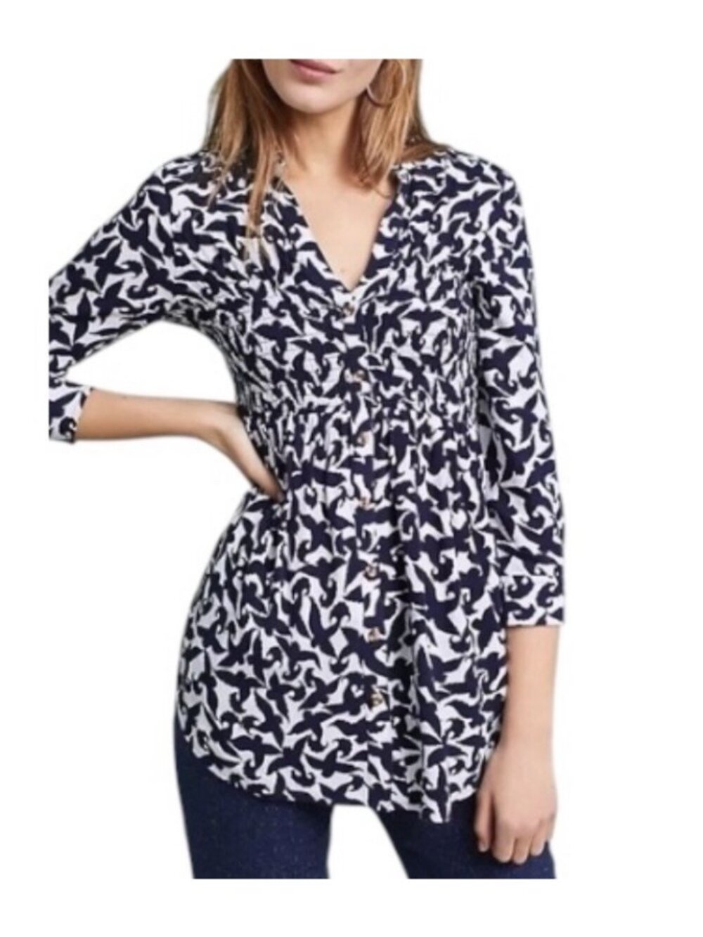 Anthropologie Maeve Alexa Navy Bird Print Smocked Buttondown Blouse Size XS